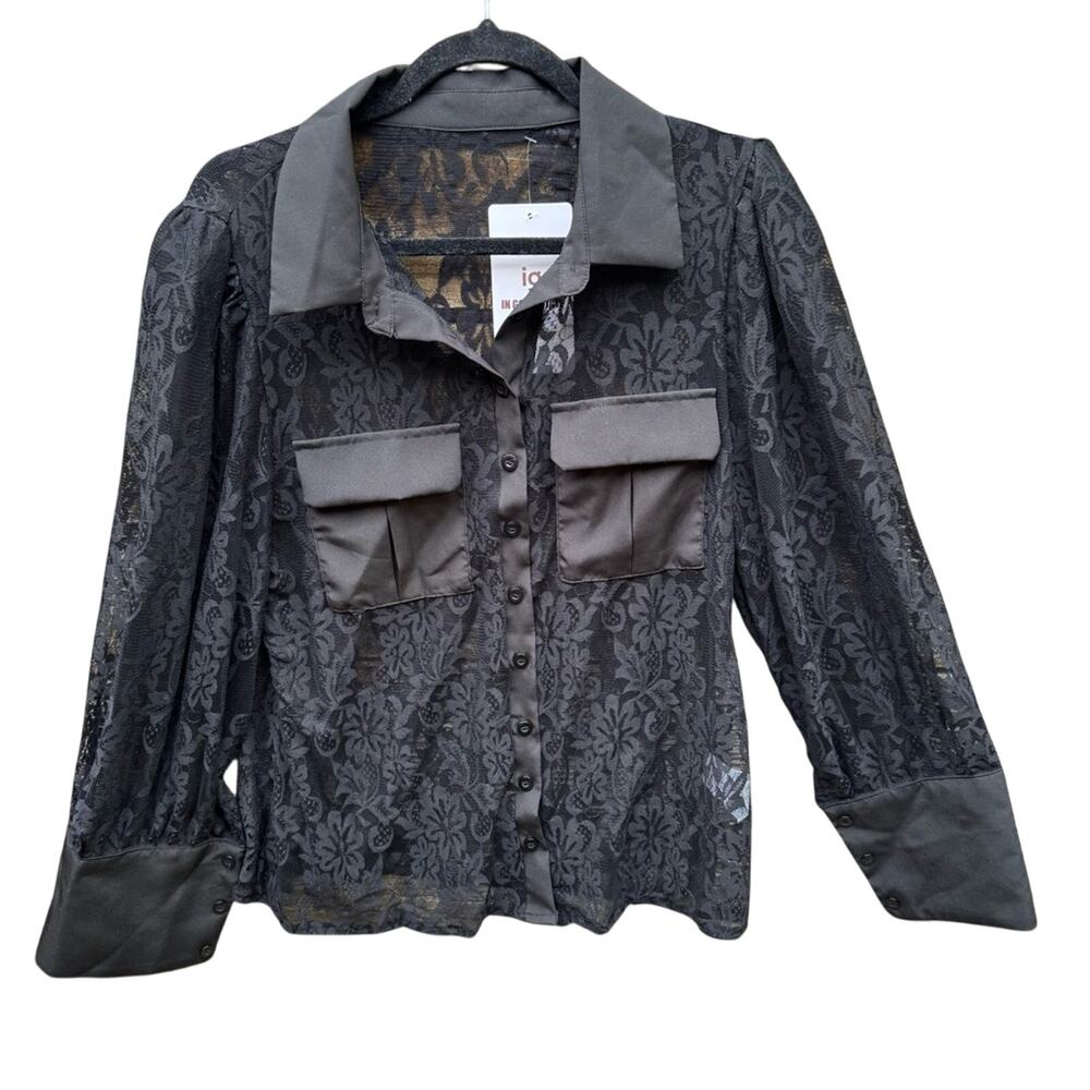 NWT New In Good State Womens Plus Size 1X Button Up Black Lace Blouse Top